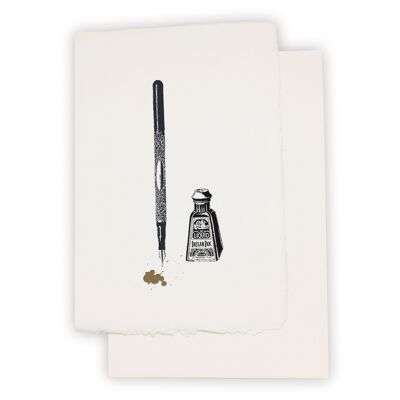 Handmade paper card with vintage fountain pen in black and gold