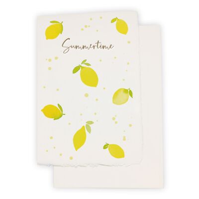 Tarjeta de papel hecha a mano "Summertime" con limones en efecto acuarela