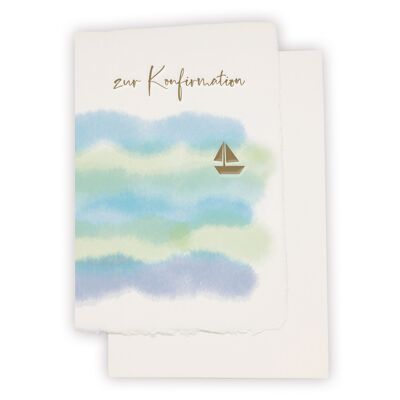 Handmade paper card "For Confirmation" in watercolor look with boat
