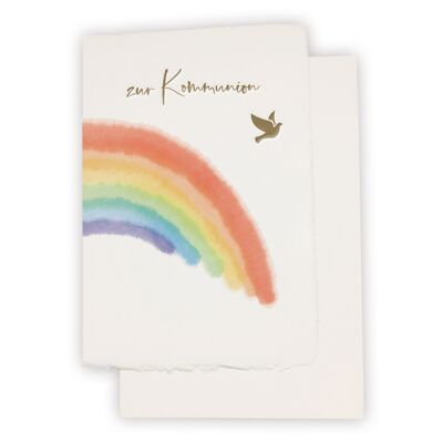 Carte papier fait main "Pour Communion" avec un arc en ciel au look aquarelle avec une colombe