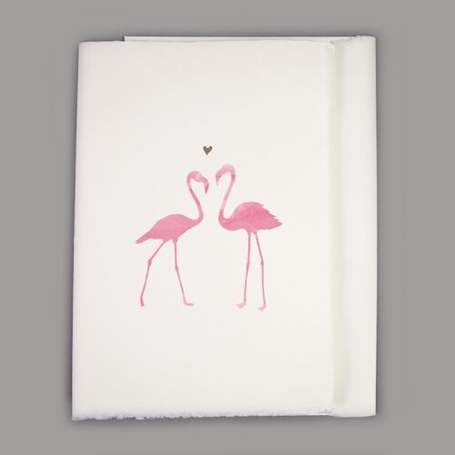 Büttenkarte mit Flamingos und goldenem Herzchen, geeignet für Hochzeit, Verlobung und andere Herzensangelegenheiten