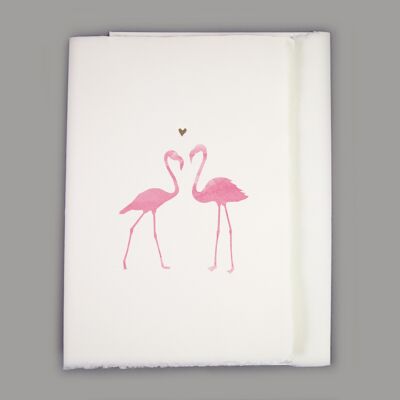 Tarjeta de papel hecha a mano con flamencos y corazón dorado, adecuada para bodas, compromisos y otros asuntos del corazón.