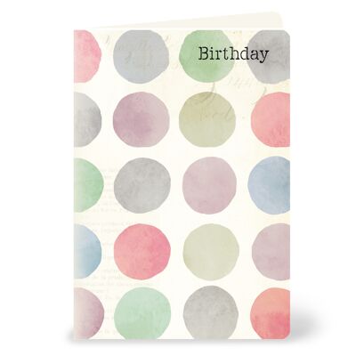 Tarjeta de felicitación "Cumpleaños" con puntos de colores, estilo acuarela