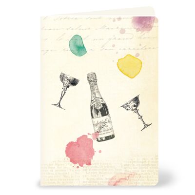 Tarjeta de felicitación con champagne, adecuada para aniversario y cumpleaños.