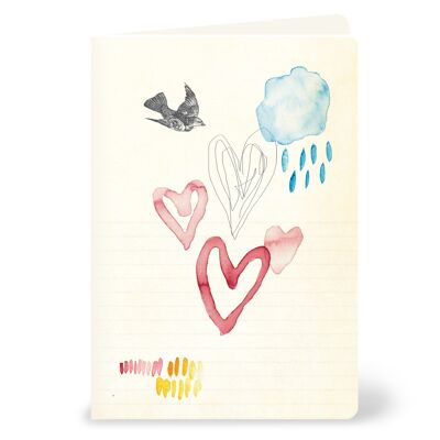 Greeting card with little birds and hearts in a watercolor look