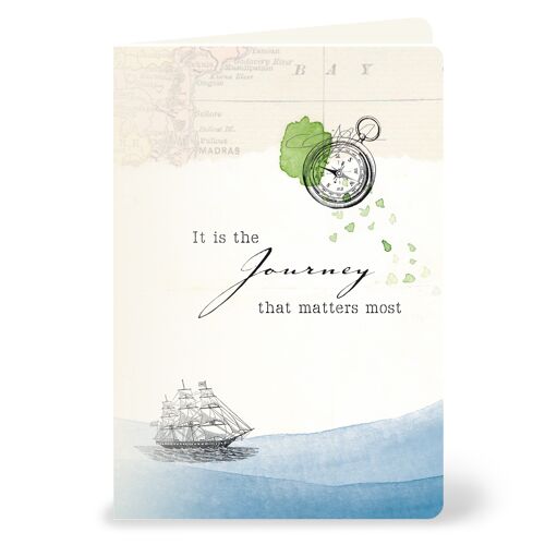 Grußkarte "It is the journey that matters most" mit Schiff und Landkarte