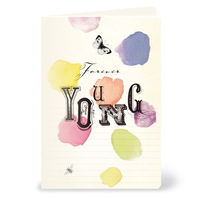 Tarjeta de felicitación "Forever young": diseño tipográfico con mariposas y puntos de acuarela
