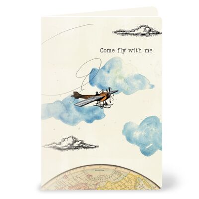 Tarjeta de felicitación "Ven a volar conmigo" con avión vintage