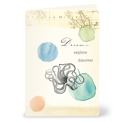 Greeting card "Dream, explore, discover" with octopus and map in watercolor look