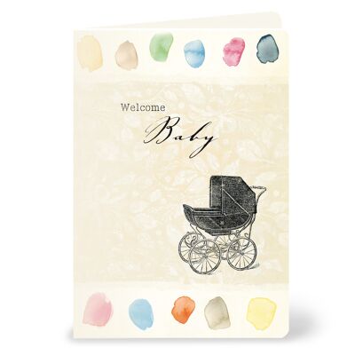Carte d'anniversaire "Welcome Baby" avec poussette vintage
