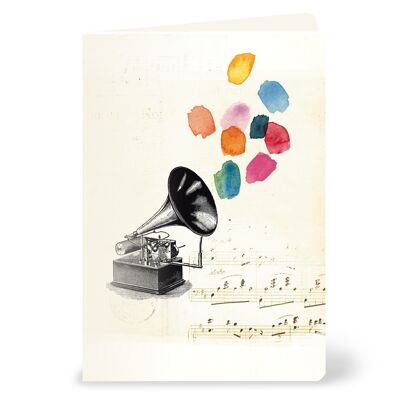 Greeting card with vintage gramophone, notes and a lot of music