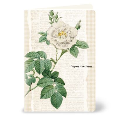 Tarjeta de felicitación "Feliz cumpleaños" con una rosa blanca vintage