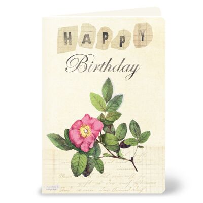 Tarjeta de felicitación con "Feliz cumpleaños" con rosa - collage en estilo vintage