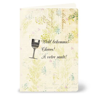 Tarjeta de felicitación "Wohl get's, Cheers, A votre santé" con una copa de vino de aspecto vintage