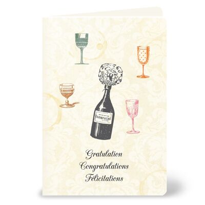 Biglietto di auguri "Congratulazioni, Congratulazioni, Felicitazioni" con champagne e bicchieri, in un look vintage a