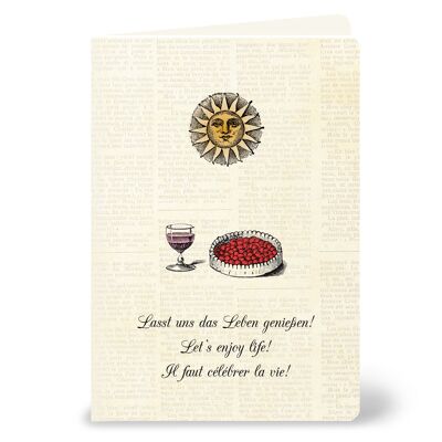 Tarjeta de felicitación "Disfrutemos de la vida, disfrutemos de la vida, Il faut célébrer la vie!" con sol, tarta y copa de vino en estilo vintage
