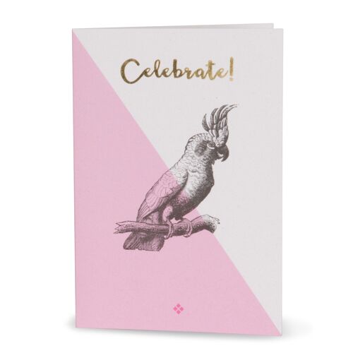 Grußkarte "Celebrate!" mit Kakadu in Pink