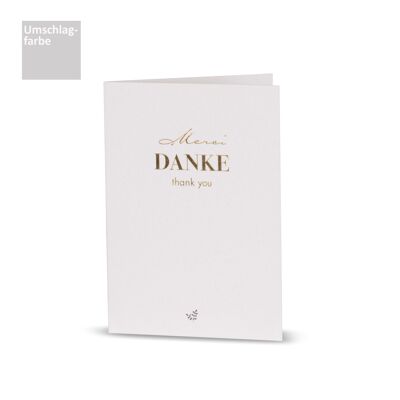 Tarjeta de felicitación "Merci, Danke, Thank You". Cartón reciclado "De Luxe" con fino diseño tipográfico y un encantador mini icono.