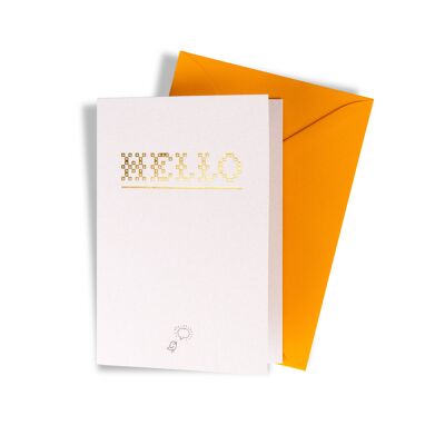 Tarjeta de felicitación "Hola". Cartón reciclado "De Luxe" con fino diseño tipográfico y un encantador mini icono.