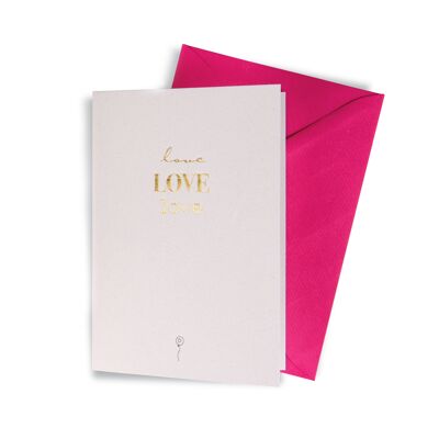 Grußkarte "Love, love, love". Recyclingkarton "de Luxe" mit feiner typografischer Gestaltung und charmantem Mini-Icon.