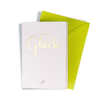 Greeting card "Very good luck!". "De Luxe" recycled cardboard with fine typographic design and a charming mini icon.