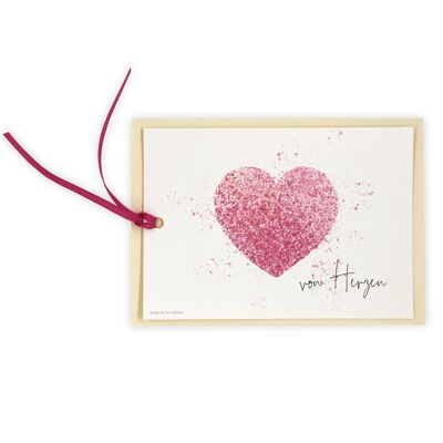 Postkarte / Anhängerkarte "von Herzen" mit Textilband in Pink