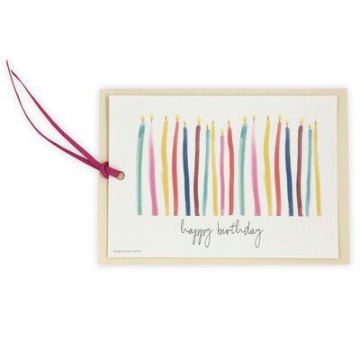 Postkarte / Anhängerkarte  "Happy Birthday" mit Kerzenmotiv und Textilband in Pink