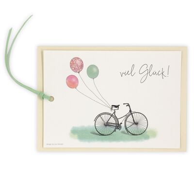 Postcard / trailer card "Good luck!" with bicycle motif and textile ribbon in green