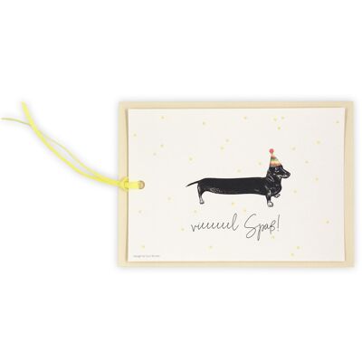 Postal / tarjeta de remolque "Vieeeeeeeeel Fun!" con motivo de perro salchicha y cinta textil en amarillo