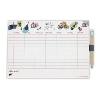 Weekly planner with pen holder and pencil in vintage look. Plan your week quickly and effectively - pad and pencil are always at hand! The table planner for kitchen and office is well suited for families, couples ...