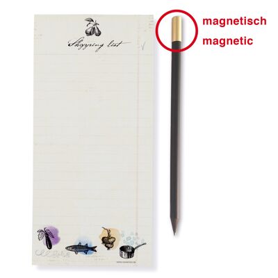 Magnetblock-Einkaufsliste mit magnetischem Bleistift für den Kühlschrank oder die Magnetwand im Vintage-Look. Geeignet für Küche und Büro – erleichtert nachhaltiges Einkaufen.