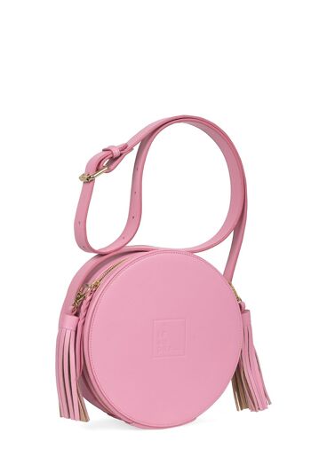 Sac à bandoulière rond rose pour femme à pompons bicolores en Leandra nude. 1