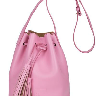Bolso de piel tipo saco o Bucket Bag rojo con bolsillo extraíble y borlas bicolor Leandra pink