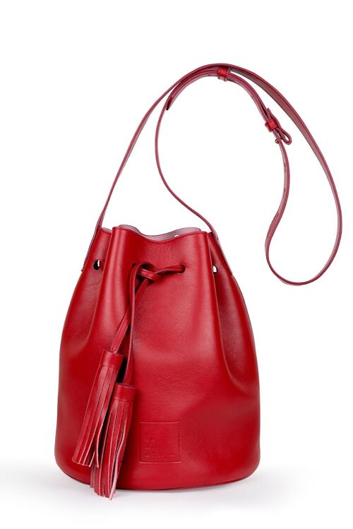 Bolso de piel tipo saco o Bucket Bag rojo con bolsillo extraíble y borlas bicolor Leandra red scarlet