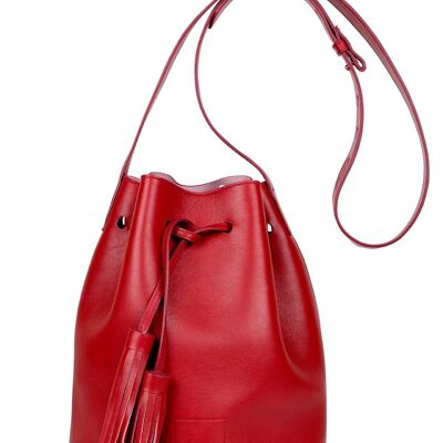 Bolso de piel tipo saco o Bucket Bag rojo con bolsillo extraíble y borlas bicolor Leandra red scarlet