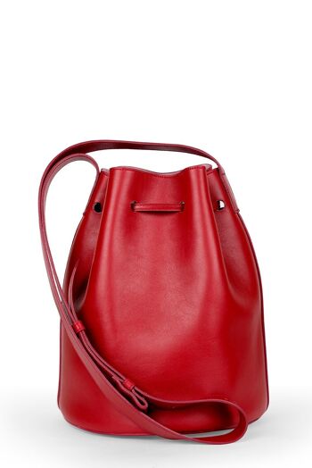 Sac en cuir rouge ou Bucket Bag avec poche amovible et pompons bicolores Leandra rouge écarlate 2