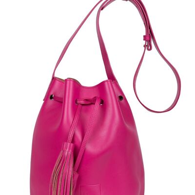 Fuchsiafarbener Ledersack oder Bucket Bag mit abnehmbarer Tasche und zweifarbigen fuchsiafarbenen Leandra-Quasten