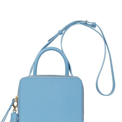 Borsa a tracolla in pelle blu con manico superiore e nappa Leandra.