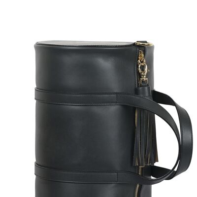 Made in Spain leather shoulder bag type bowling bag in black with fixed handle, tassel and removable long strap Leandra.