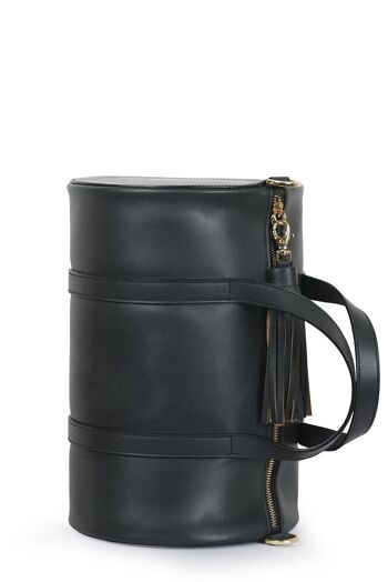 Fabriqué en Espagne sac à bandoulière en cuir de type sac de bowling en noir avec anse fixe, pompon et longue bandoulière amovible Leandra. 1