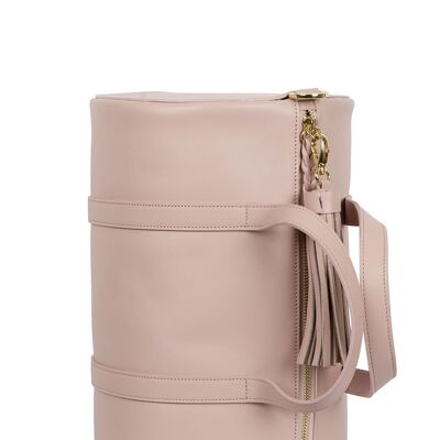 Made in Spain leather crossbody bag type bowling bag in pink with fixed handle, tassel and removable long strap Leandra.