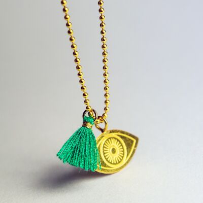 Emerald Green Eye x Pompom Pendant Necklace