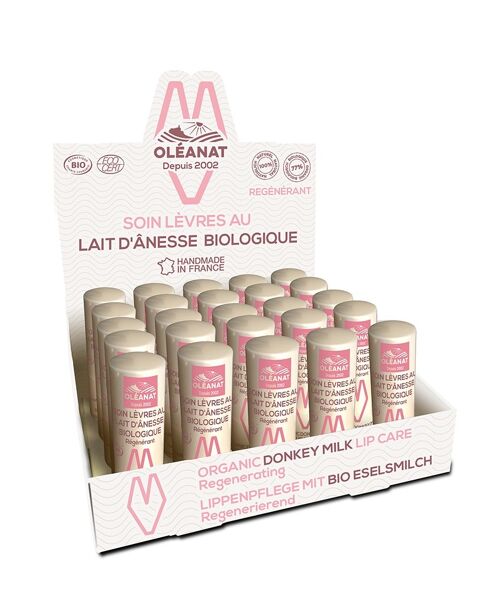 Présentoir de 25 soins lèvres au lait d'ânesse biologique - 25 x 4,5g - OLEANAT