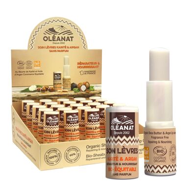 Display of 25 organic and fair trade shea & argan lip care without perfume - 4.5 g x 25 - OLEANAT