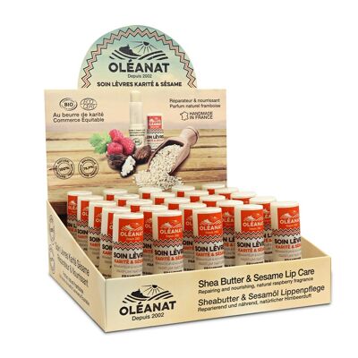 Display of 25 repairing and nourishing shea butter and sesame lip care products with natural organic raspberry flavor - 4.5g - OLEANAT
