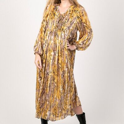 Long printed dress with LUREX and cord adorned with bells