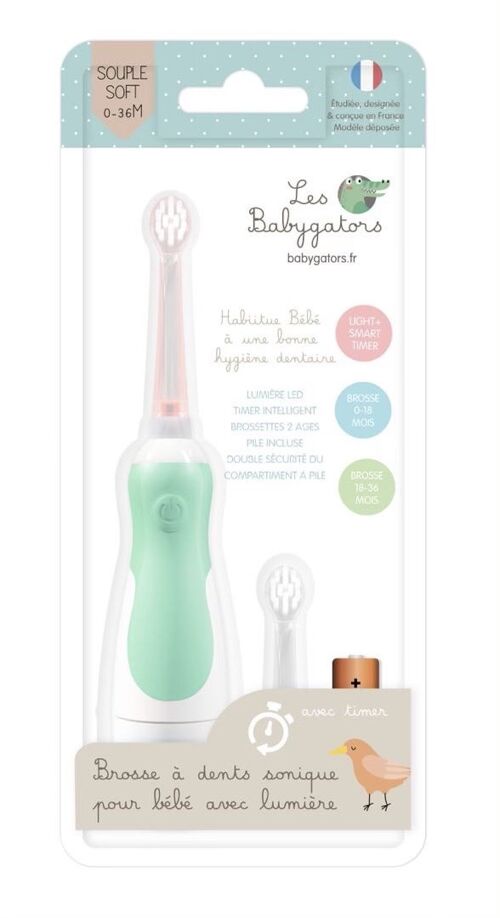 Sonic toothbrush for babies 0-5 years sage (green) with timer and battery Included. The Babygators