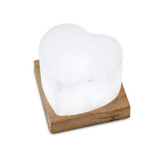 Himalayan Salt Crystal Heart White LED Lamp on wooden base, 46411, 9x5.5cm