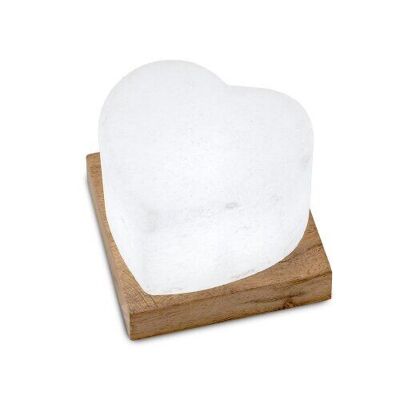 Lámpara LED blanca con forma de corazón de cristal de sal del Himalaya sobre base de madera, 46411, 9x5.5cm
