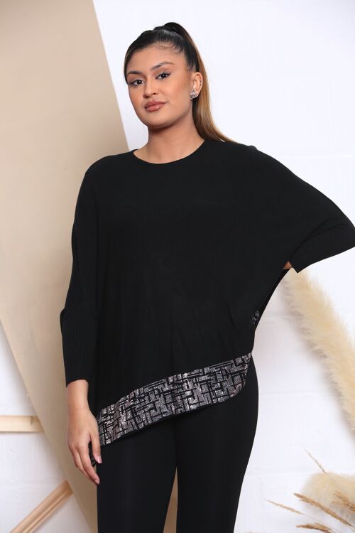 Black KNITTED TOP WITH DROPPED SHOULDERS AND CRYSTAL EMBELLISHMENT